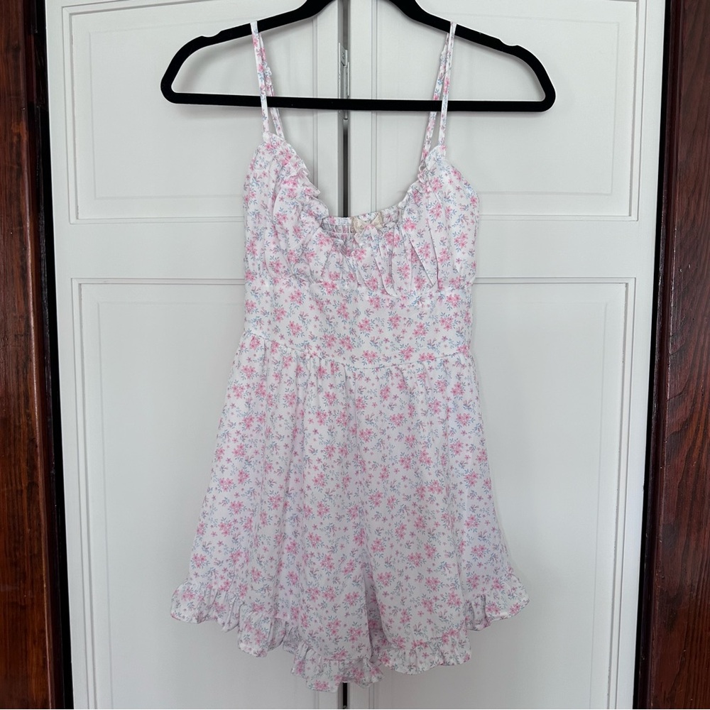 Altar’d State pink blue floral printed ruffle romper size small